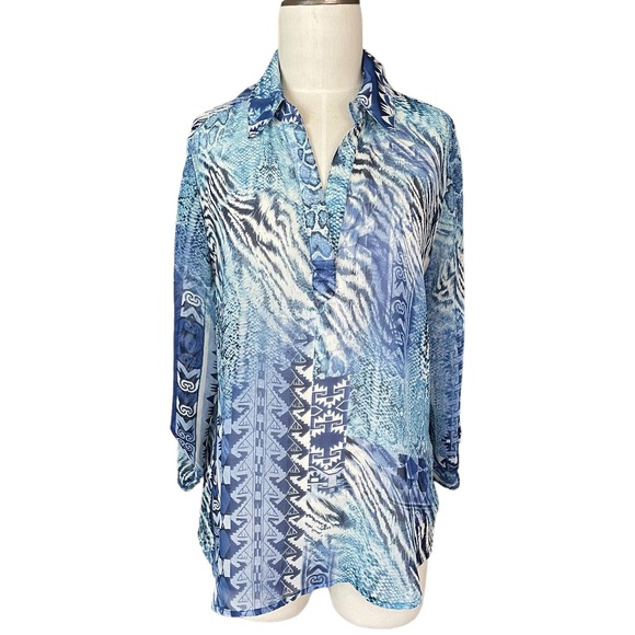 Chico's Size 2 Top Women's L Blue Print Sheer Popover Blouse Tab Sleeves Boho - Picture 1 of 13